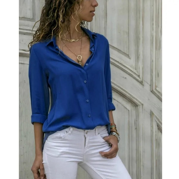 Women's White Chiffon Blouse - Long Sleeve Button-Up