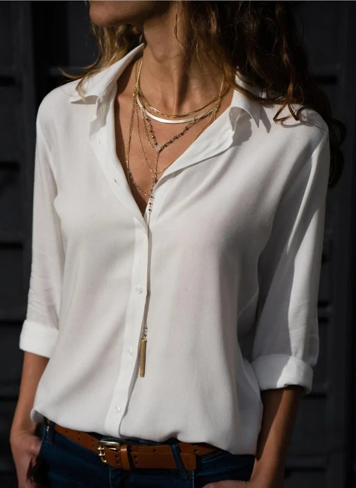 Women's White Chiffon Blouse - Long Sleeve Button-Up