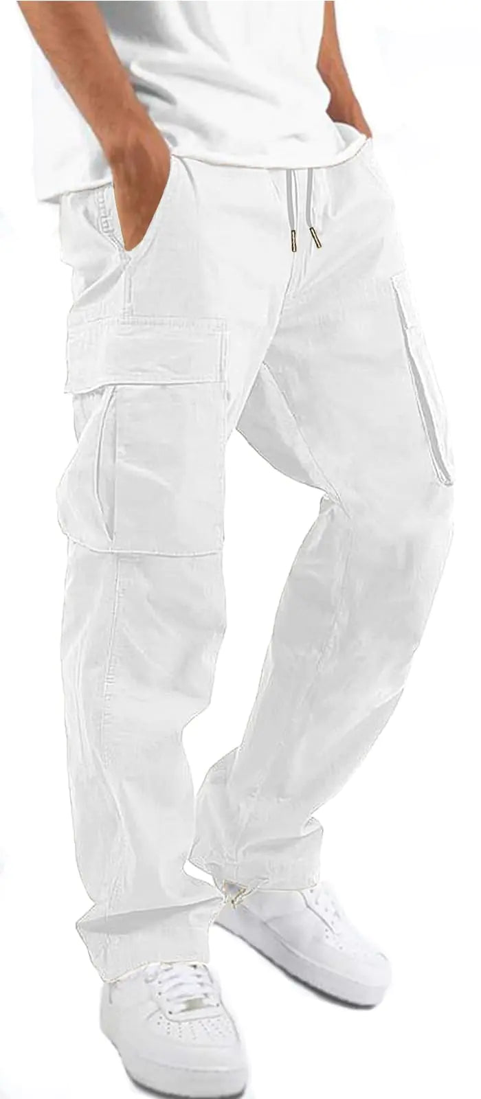 HUNGSON Mens Cargo Pants Casual Hiking Pants Joggers Athletic Pants Cotton Loose Straight Sweatpants for Men 28 White