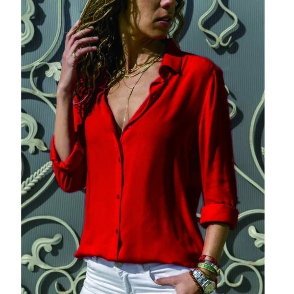 Women's White Chiffon Blouse - Long Sleeve Button-Up