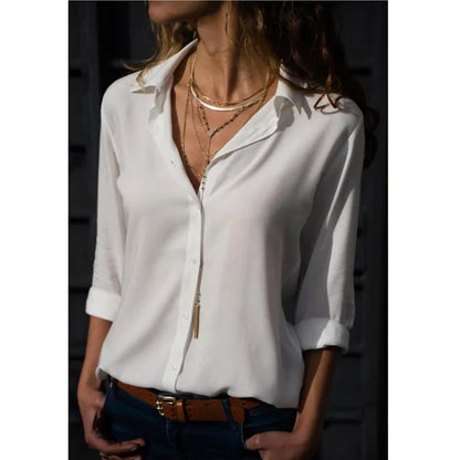 Women's White Chiffon Blouse - Long Sleeve Button-Up