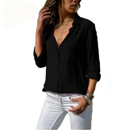 Women's White Chiffon Blouse - Long Sleeve Button-Up